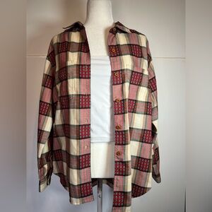 Vintage Russ Plaid Button Down Shirt Red Beige Grunge Cozy Flannel Medium